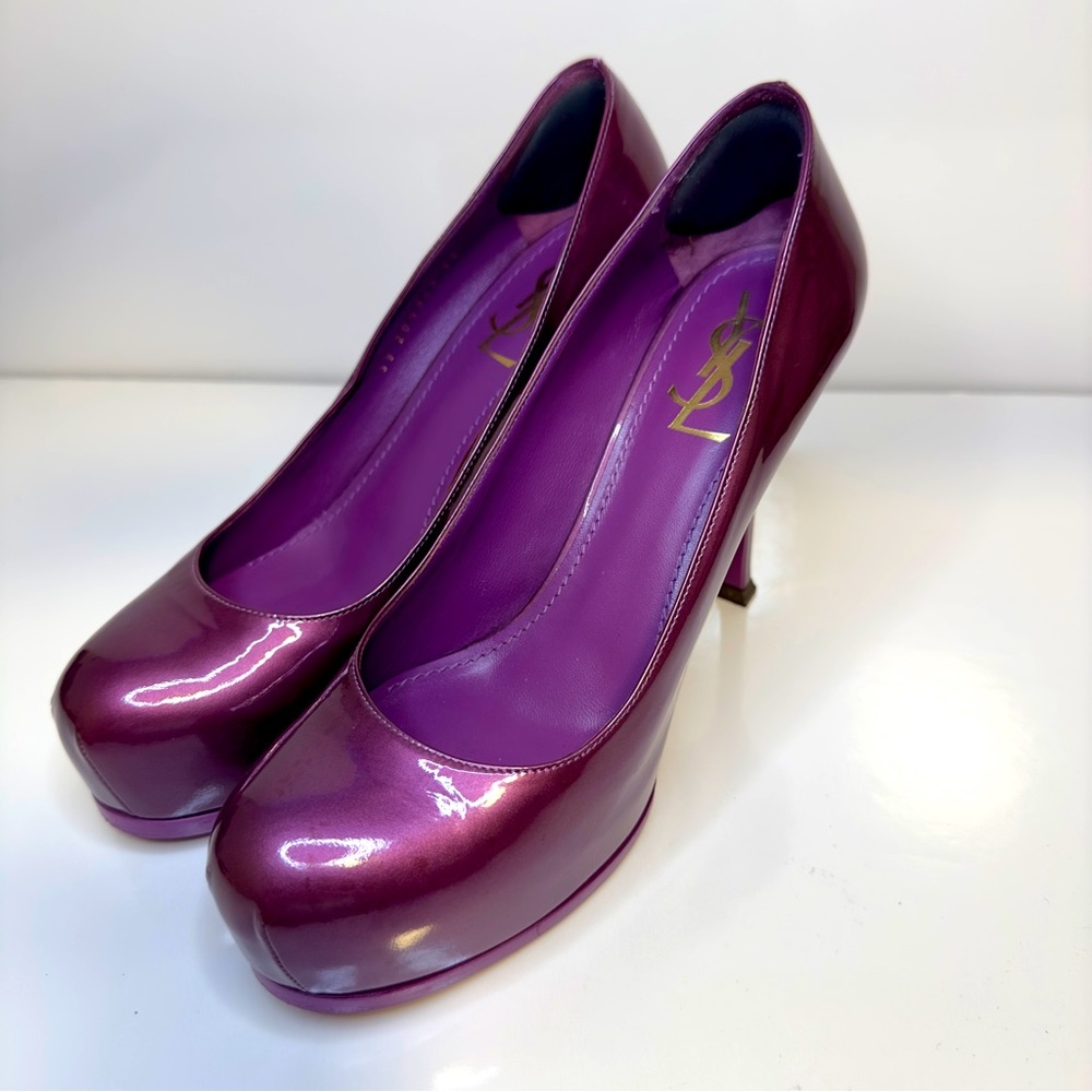 Like new! Made in Italy YSL Purple Tribtoo Patent Leather Platform Heel Pumps 9 - Picture 5 of 14